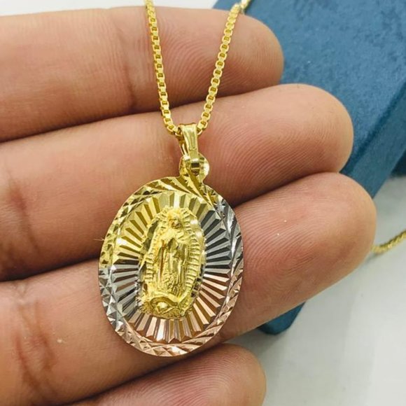14K YELLOW GOLD FILLED VIRGIN OF GUADALUPE PENDANT NECKLACE BOX LINK CHAIN 20" - Picture 1 of 9